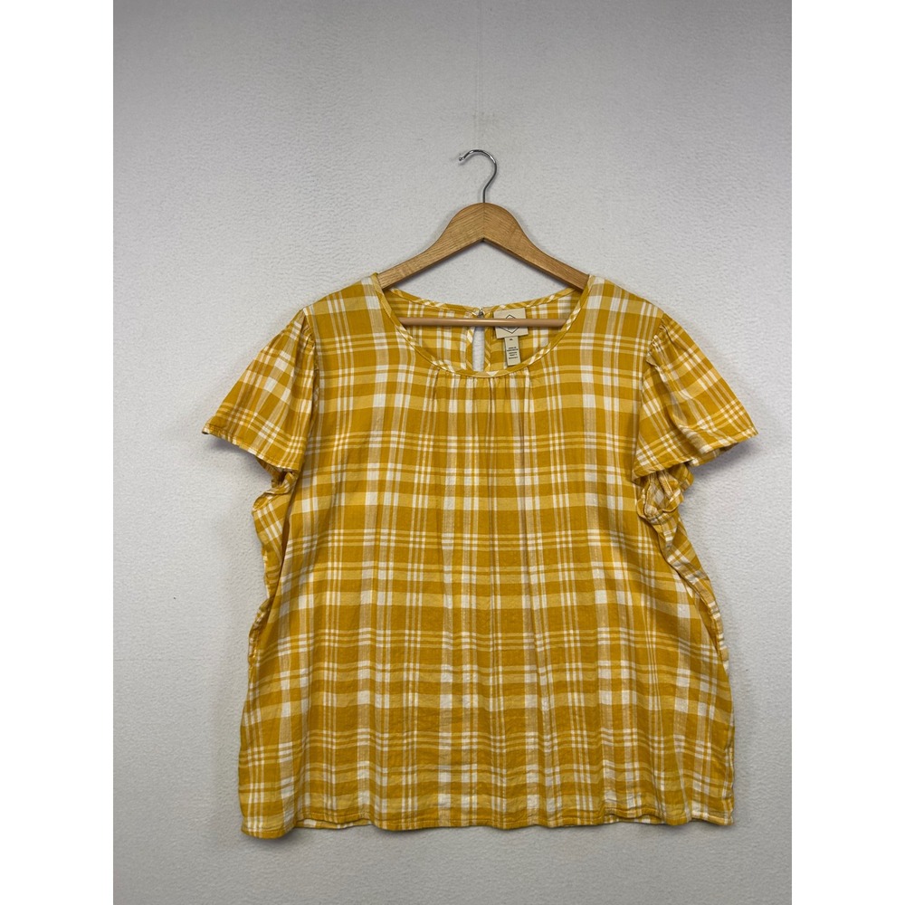 Cottagecore Picnic St John's Bay Womens XL Yellow Plaid Flutter Sleeve Blouse